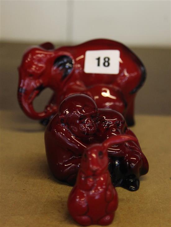 3 Royal Doulton flambe figures; elephants, rabbit and monkeys